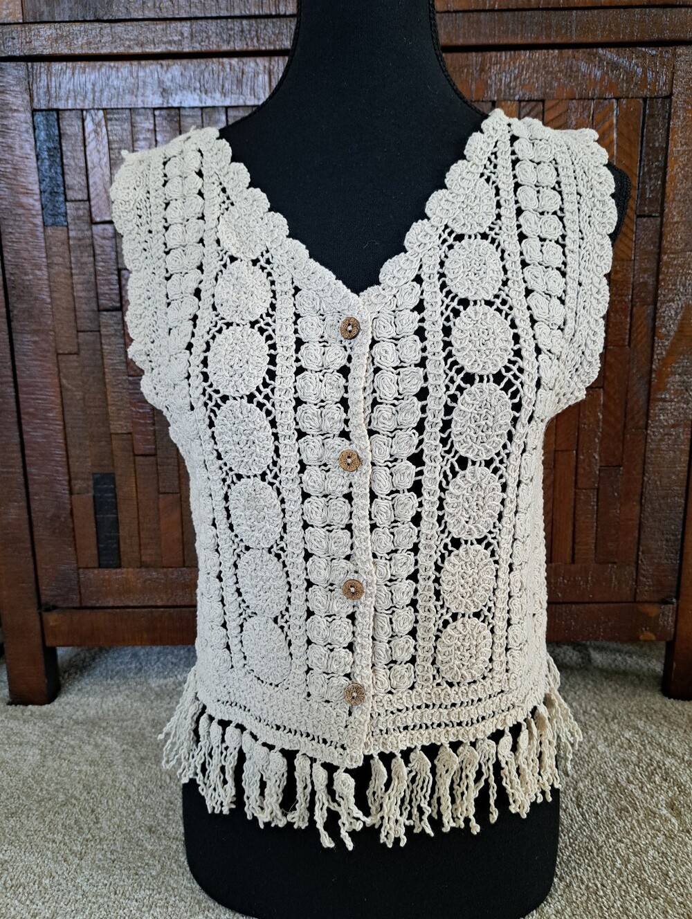 ADORA Crochet Button Front Tank Fringe Neutral Cream Summer Festival Boho Top
